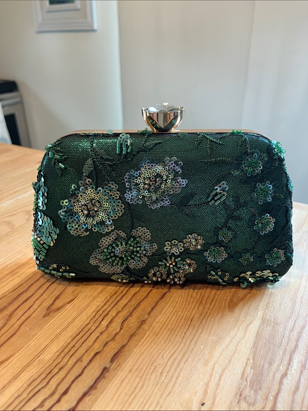 Emerald Green Sequin Floral Clutch